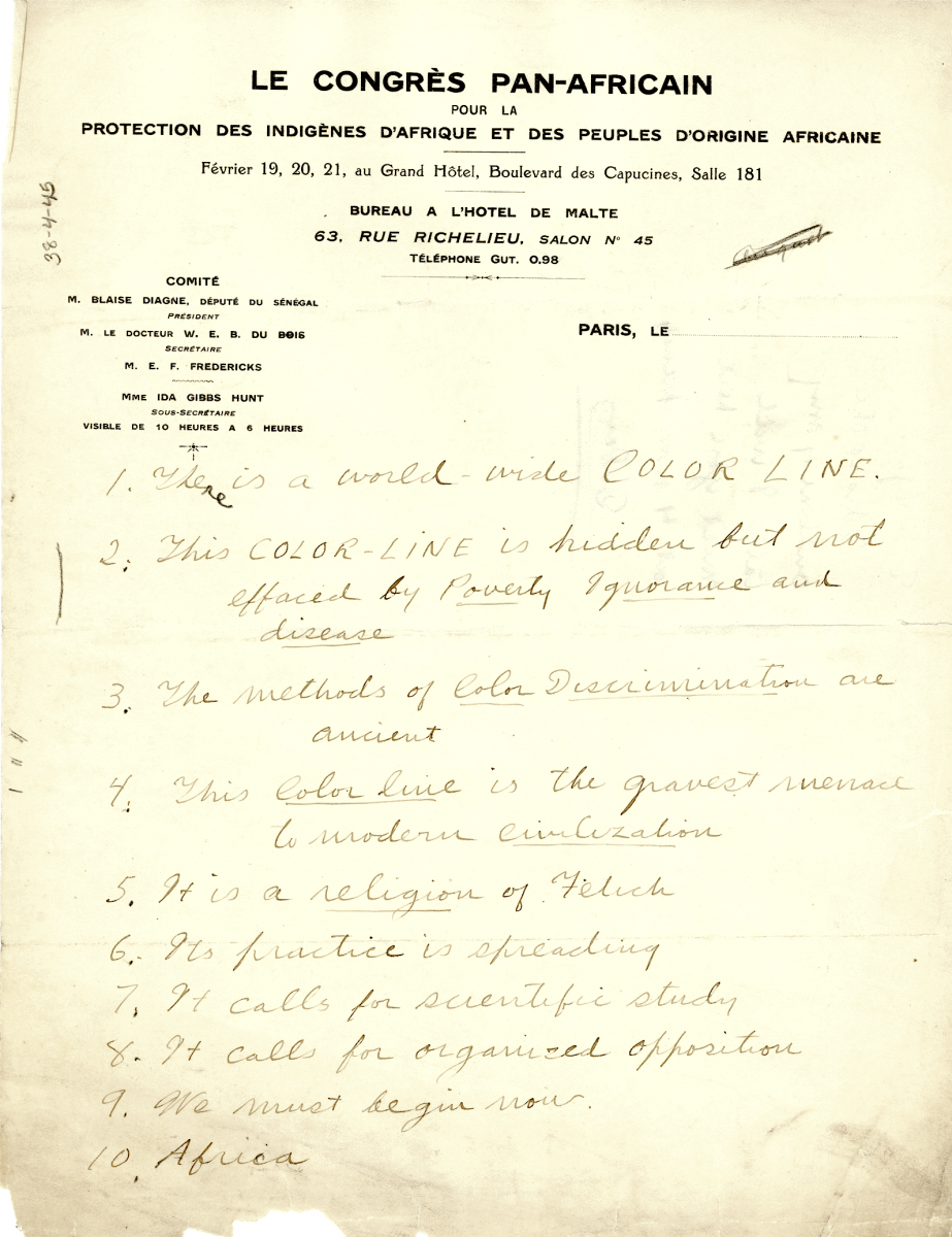 A handwritten outline of his talk delivered at the Pan African Congress.