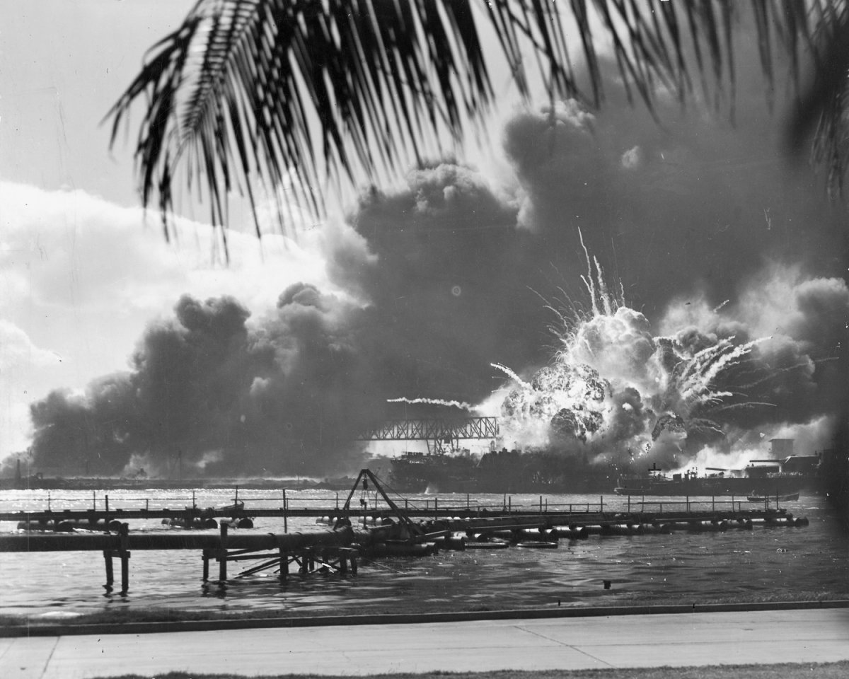 USS Shaw explodes during attack at Pearl Harbor.