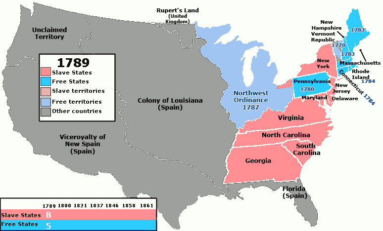 Animation showing the free/slave status of U.S. states and territories between 1789 and 1861.
