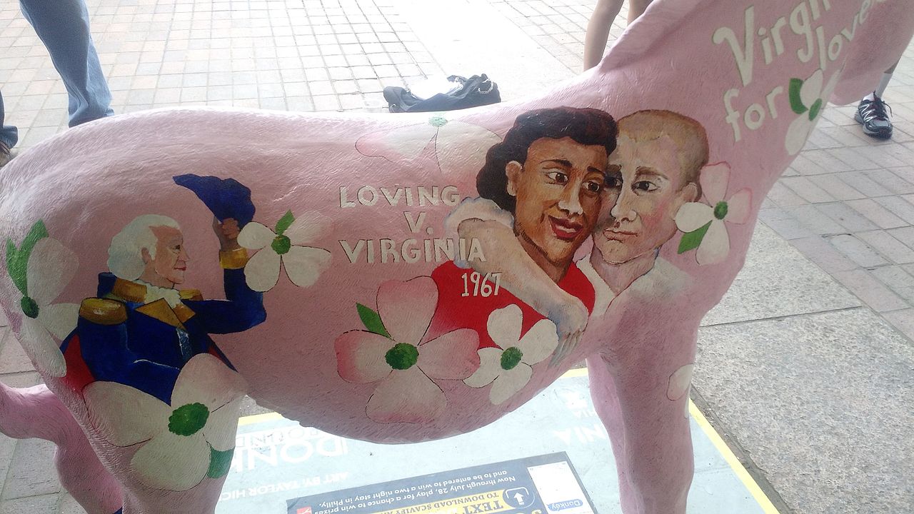 The 2016 Democratic National Convention in Philadelphia, Pennsylvania commissioned 57 fiberglass donkeys painted by local artists to represent each delegation to the convention. Virginia’s featured George Washington, Richard and Mildred Loving, and the state’s slogan since two years after the Loving ruling, 'Virginia is for Lovers.'