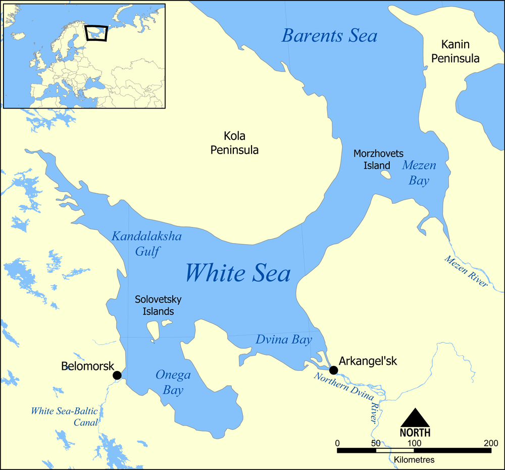 Map of the White Sea and Solovetskii Islands in Russia.
