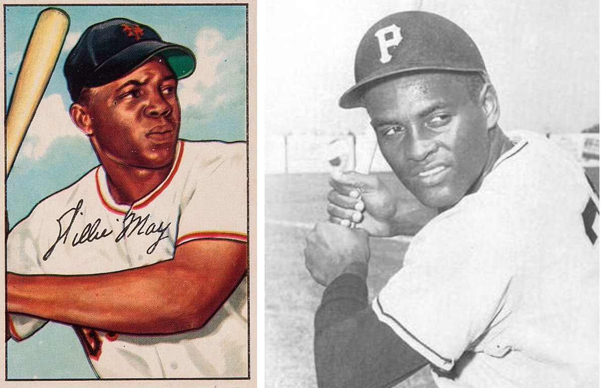 On the left, Willie Mays’ 1952 Bowman Gum trading card. On the right, Baseball Hall of Famer Roberto Clemente, who played for the team from 1952 to 1954.