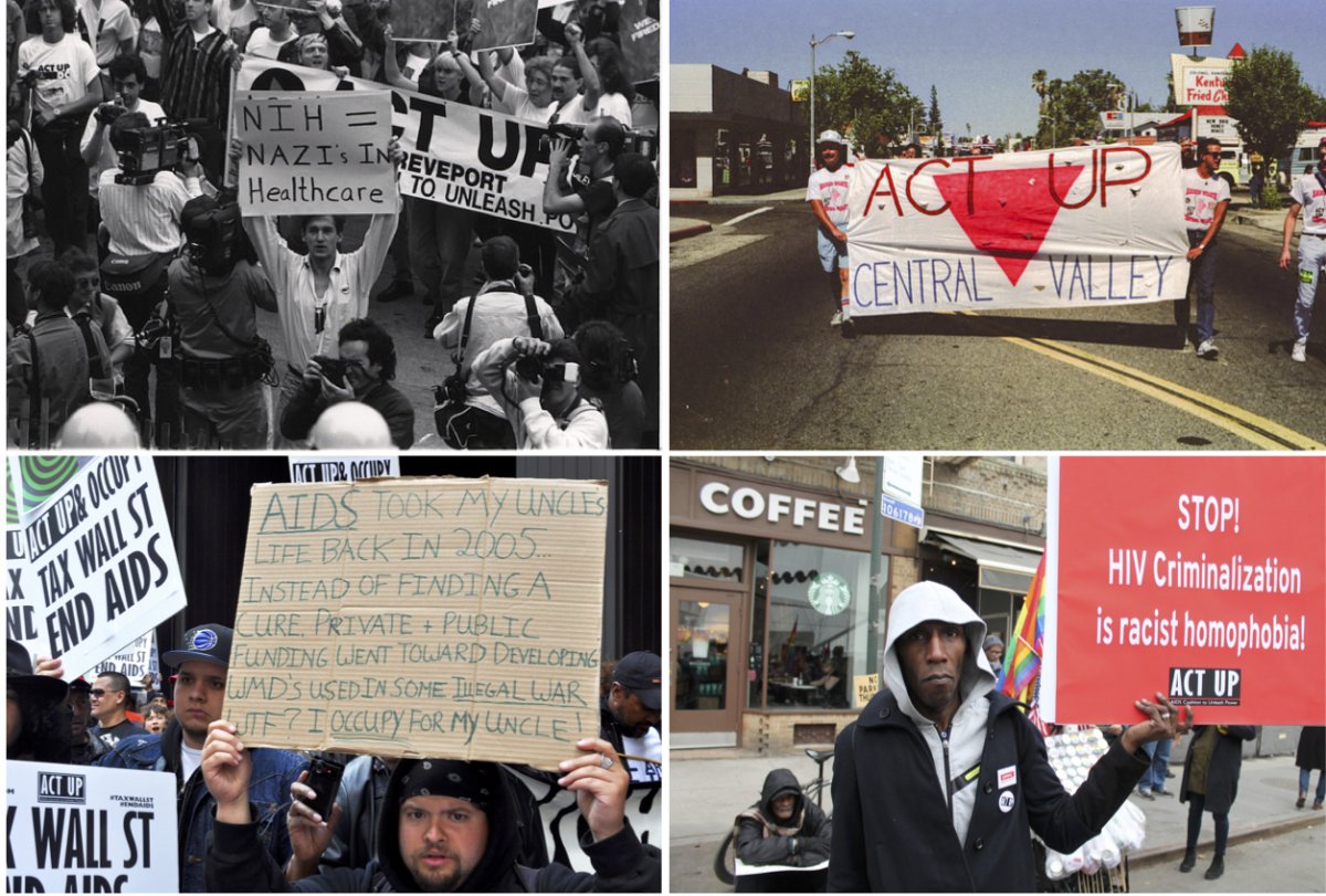On the top left, a 1990 ACT UP demonstration. On the top right, ACT UP demonstrators. On the bottom left, ACT UP and Occupy Wall Street protestors in 2012. On the bottom right, an ACT UP protester at the ACT UP 30th Anniversary Gathering Rally.