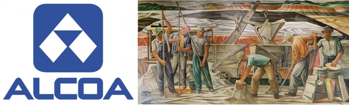 On the left, the logo for the Aluminum Company of America. On the right, a mural of bauxite miners from the 1940s in Benton, AR