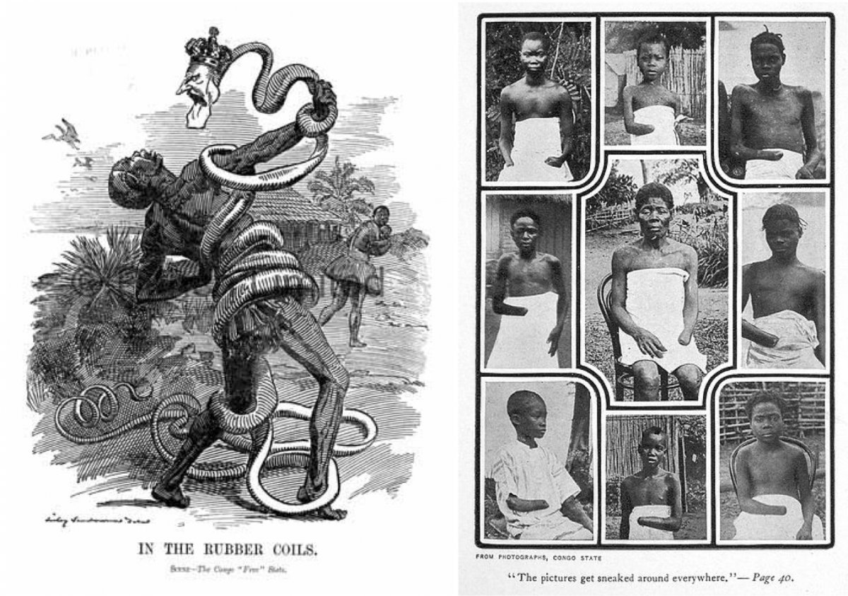 On the left, a 1906 political cartoon depicting King Leopold II of Belgium as a snake. On the right, pictures taken by British missionary Alice Seeley Harris in 1904.
