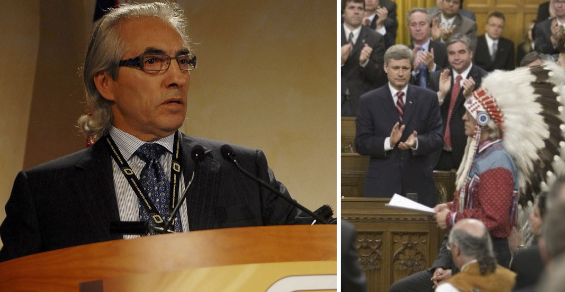 On the left, the Assembly of First Nations Chief Phil Fontaine in 2008. On the right, Prime Minister Stephen Harper and Fontaine during Harper’s apology in 2008.