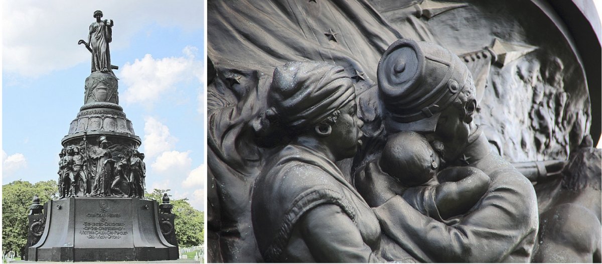 On the left, in 1914, President Woodrow Wilson dedicated a monument in a section of Arlington National Cemetery for Confederate war dead. On the right, a frieze on the side of the monument depicting a crying 'mammy' figure holding a white baby up to kiss the child’s father—a Confederate officer—goodbye.