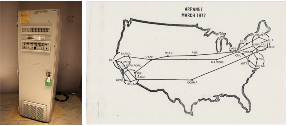 On the left, the BBN Interface Message Processor. On the right, a map depicting the places connected to the Internet in 1972.