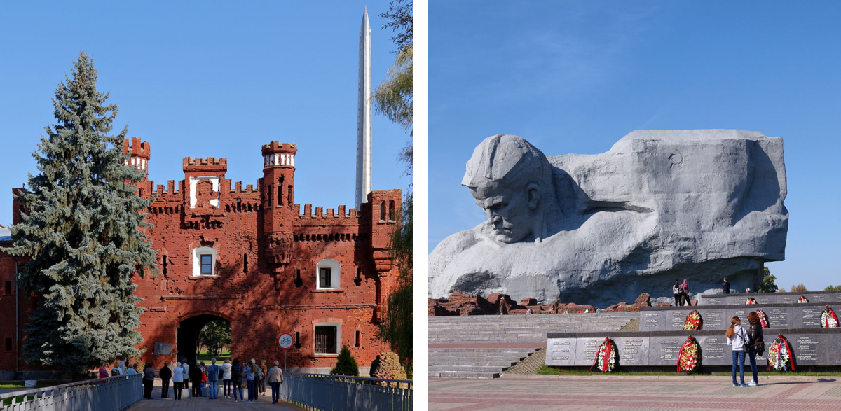 On the left, the Kholm Gate at the Brest Fortress. On the right, a wide view of the Courage Monument.