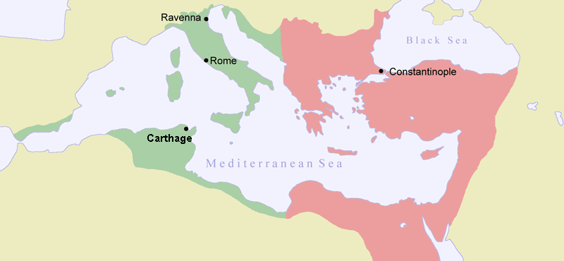 Map of Byzantine Empire ca 550. The green indicates the conquests during Justinian's reign.