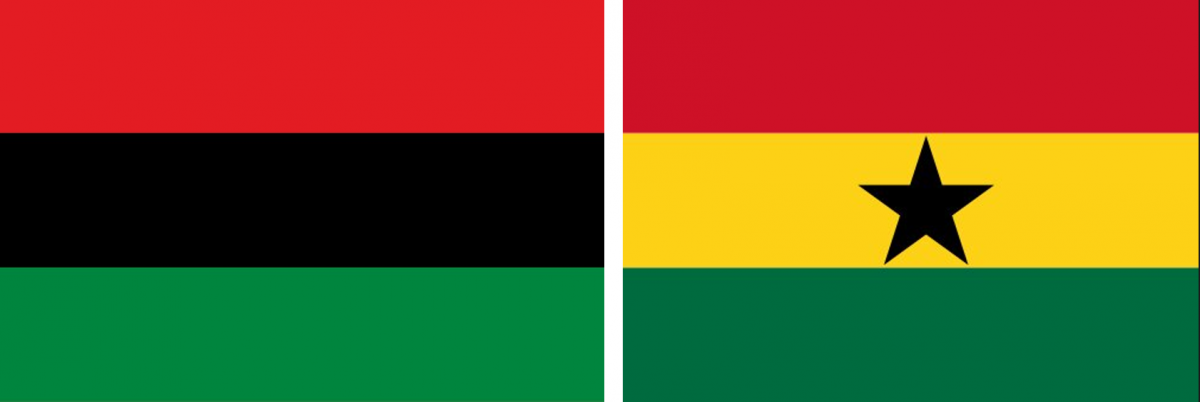On the left, the United Negro Improvement Association (UNIA) flag. On the right, the Ghanaian national flag.
