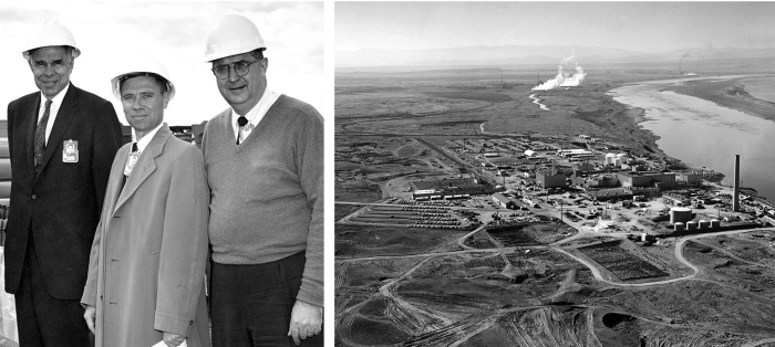 On the left, Glenn Seaborg attends Operation Plumbbob. On the right, the nuclear reactors at the Hanford Site along the Columbia River as they appeared in 1960.