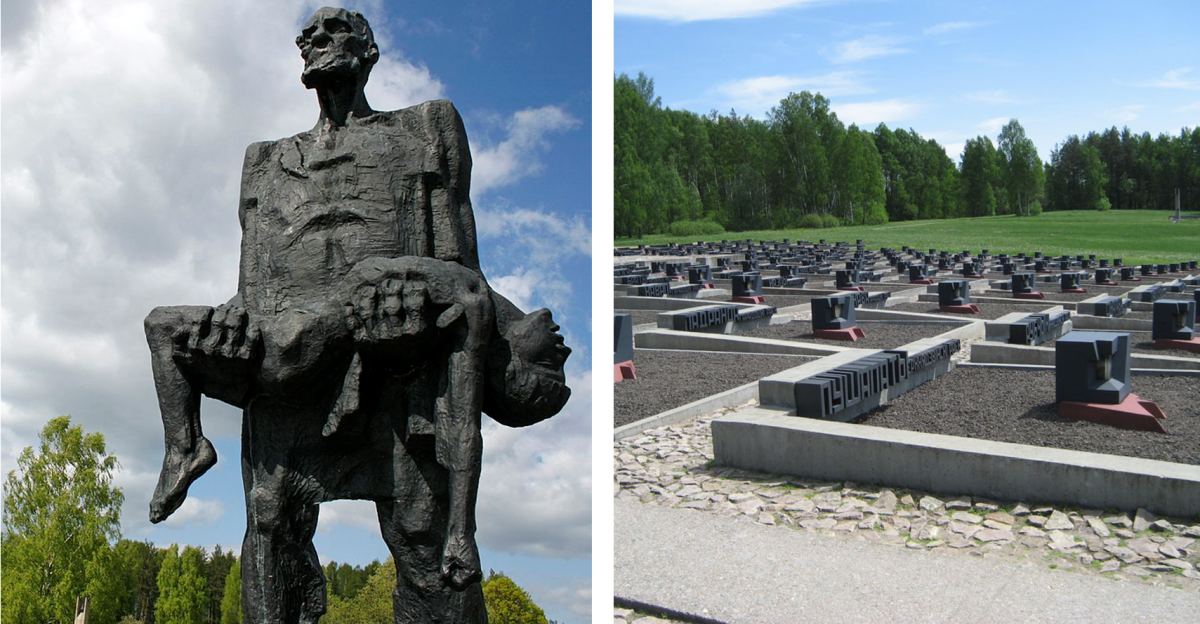 On the left, the 'Unbowed Man' statue. On the right, the Cemetery of Villages in Khatyn with 185 tombs.