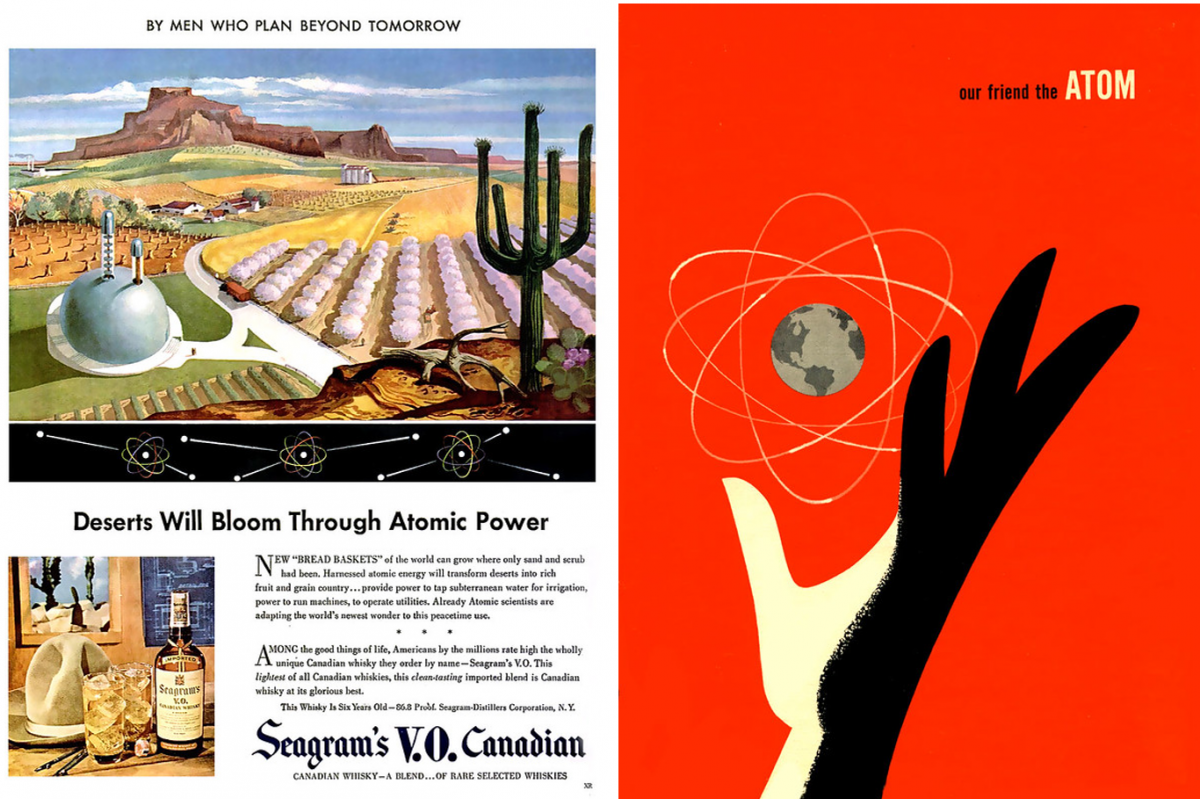 On the left, a 1947 Seagram’s Whiskey advertisement. On the right, a page from the companion book to Disney’s Tomorrow Land.