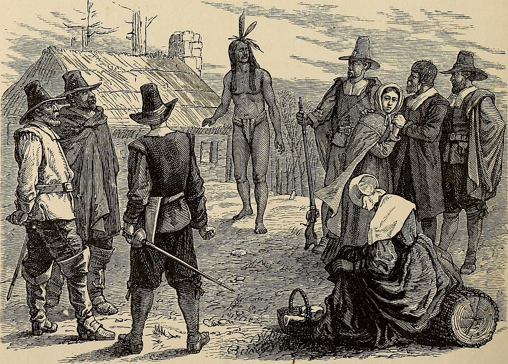 Samoset entering the Plymouth settlement in 1621, thus making the first contact between Native Americans and the Pilgrims.