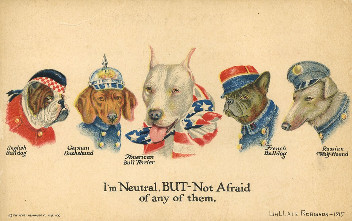World War I poster featuring dog breeds representing different countries.