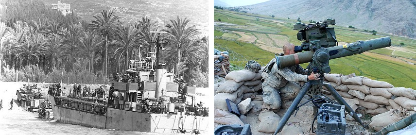On the left, Israeli armored vehicles exit a landing craft at the mouth of Lebanon’s Awali River. On the right, Israeli forces destroyed 11 Lebanese tanks.