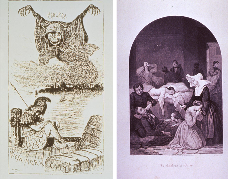 On the left, a 1888 Life magazine cartoon symbolically illustrates the threat of a cholera epidemic rising up out of the London slums, and crossing the Atlantic to threaten New York City. On the right, an 1832 engraving from J. Roze depicting the treatment of victims of the cholera epidemic in Paris.
