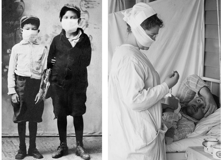 On the left, children ready for school during the 1918 flu pandemic. On the right, nurse with mask and patient, 1918 in the Spanish Flu Ward of the Walter Reed Hospital.