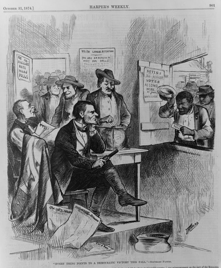 An 1874 depiction of discrimination against would-be black voters by the 'White League.'