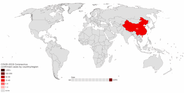 An animated map of confirmed COVID-19 cases spreading across the globe.