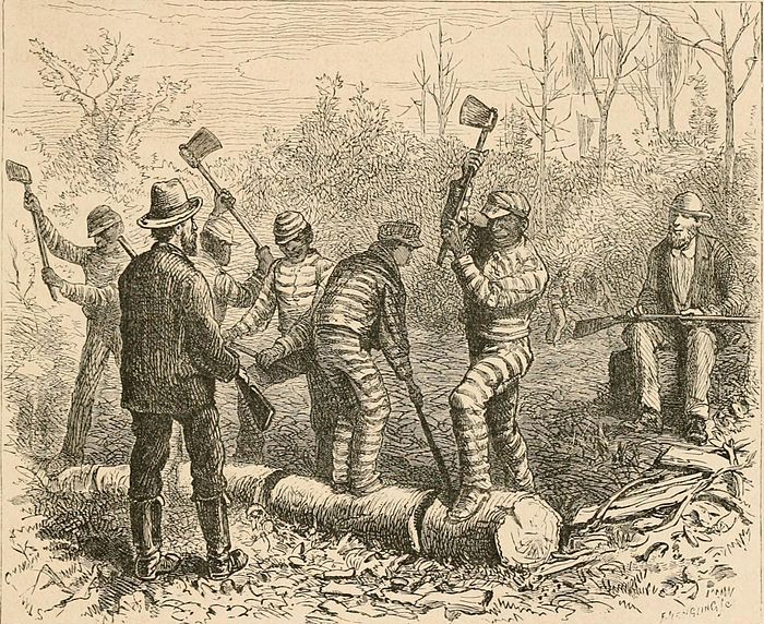 A depiction of convicts in the South in the 1870s.