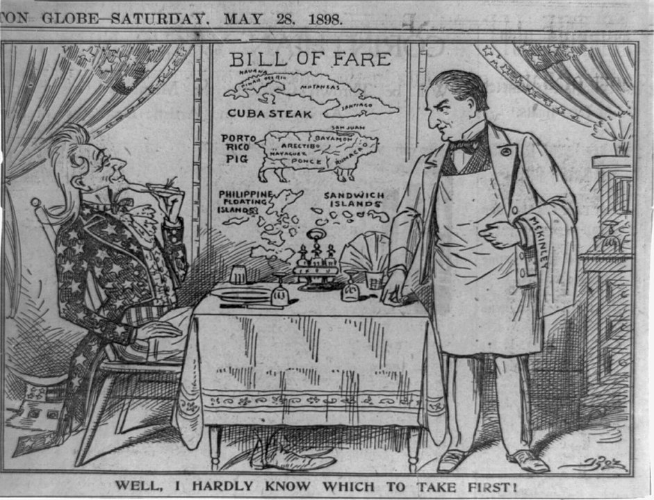 A cartoon of Uncle Sam seated in a restaurant looking at the bill of fare.