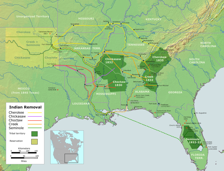 This map of the Trail of Tears depicts the routes taken to forcibly relocate Native Americans.
