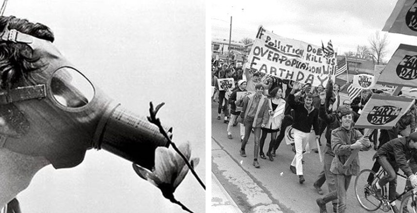 On the left, Peter Hallerman poses during a 1970 Earth Day demonstration. On the right, Denver high school students walk or bike to school.