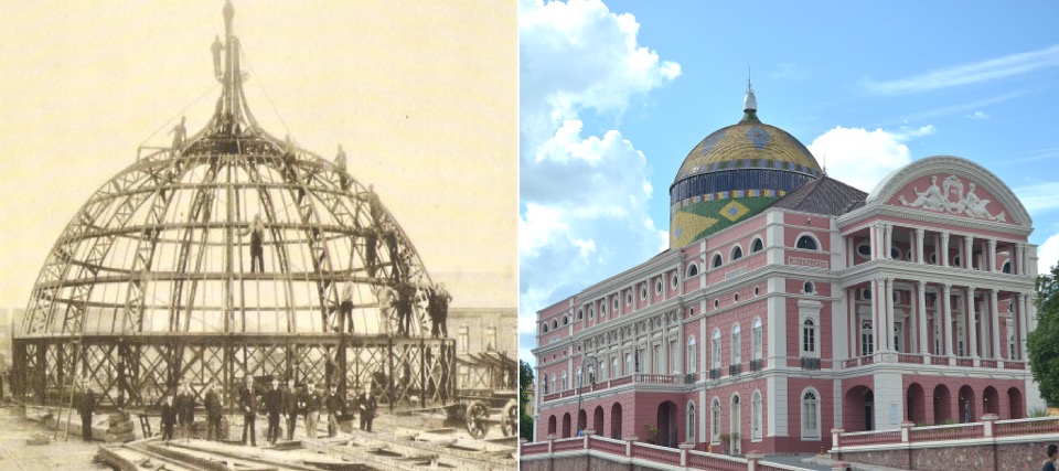 On the left, the Dome of the Amazon Theater. On the right, the Amazon Theater in 2013.