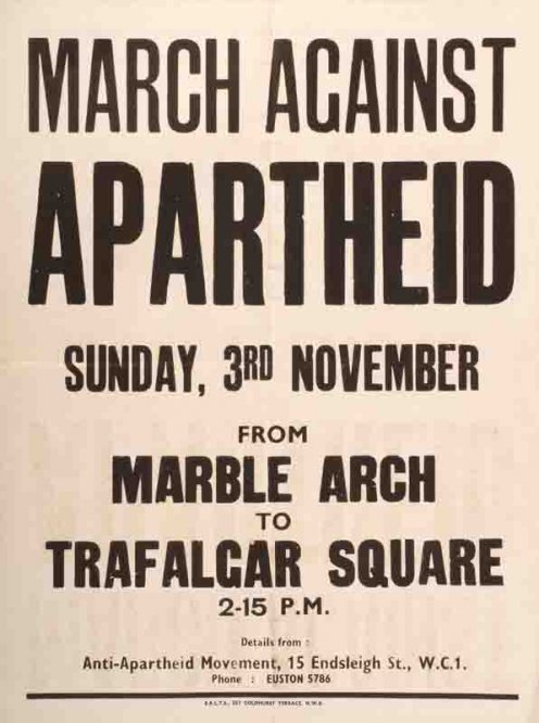 British Anti-Apartheid Movement flyer announcing a demonstration in Trafalgar Square on November 3, 1963.