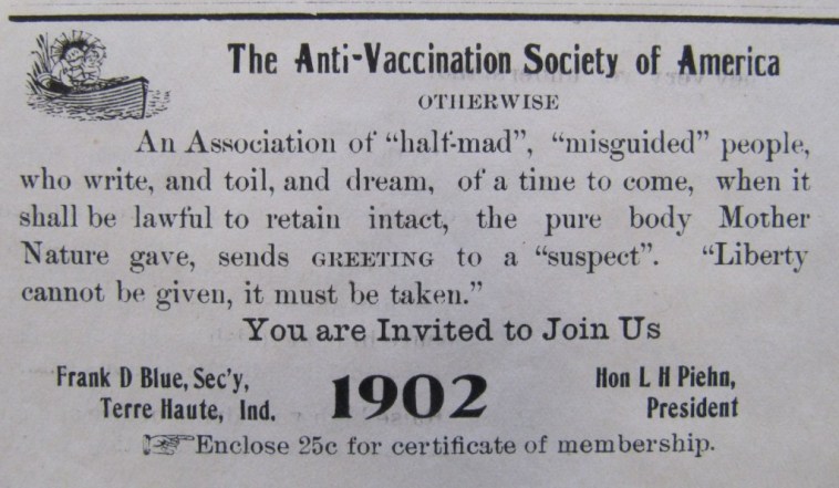 Advertisement to join Anti-Vaccination Society of America in 1902.