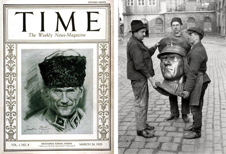 On the left, Time magazine's cover featuring Mustafa Kemal Atatürk on the 1923 cover. On the right, Turkish workers carrying the bronze head of an Atatürk statue in 1933.