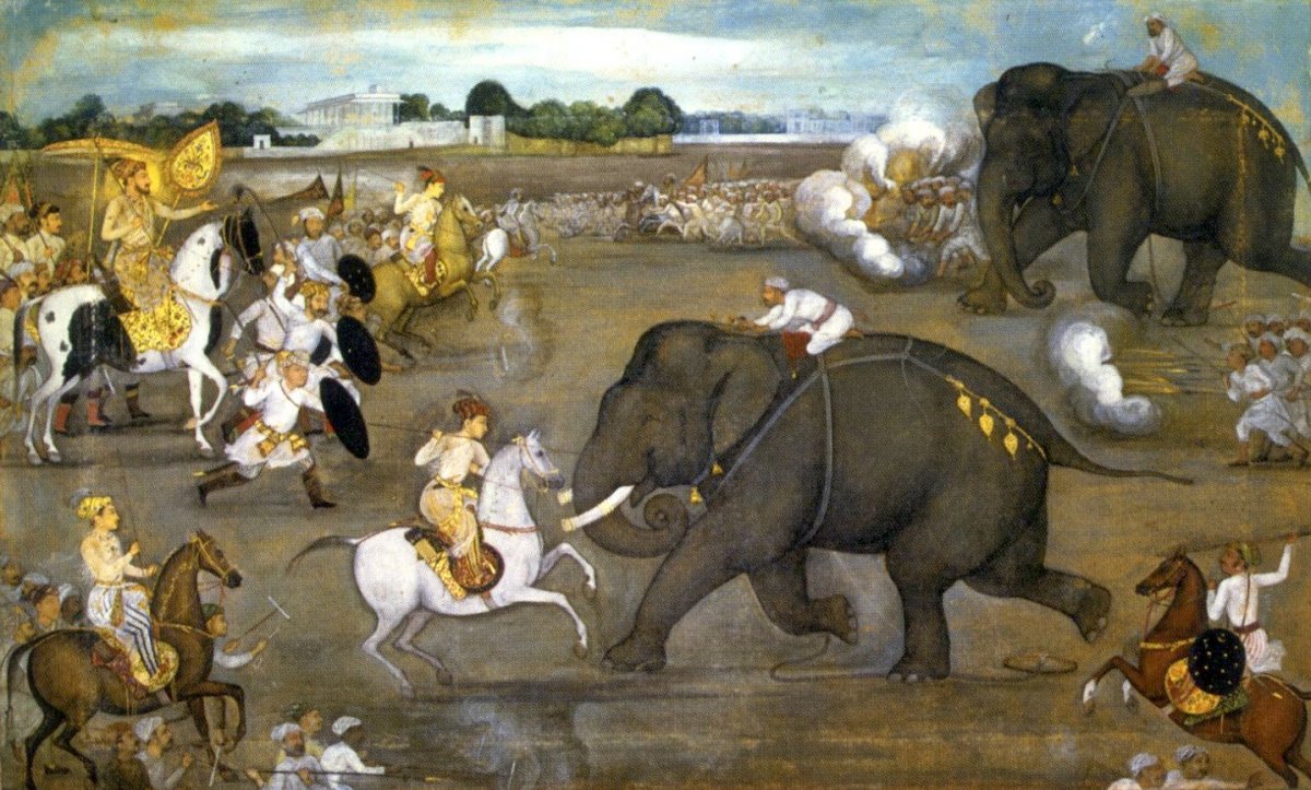 Painting of Mughal Emperor Aurangzeb confronting an angry elephant, c.1633