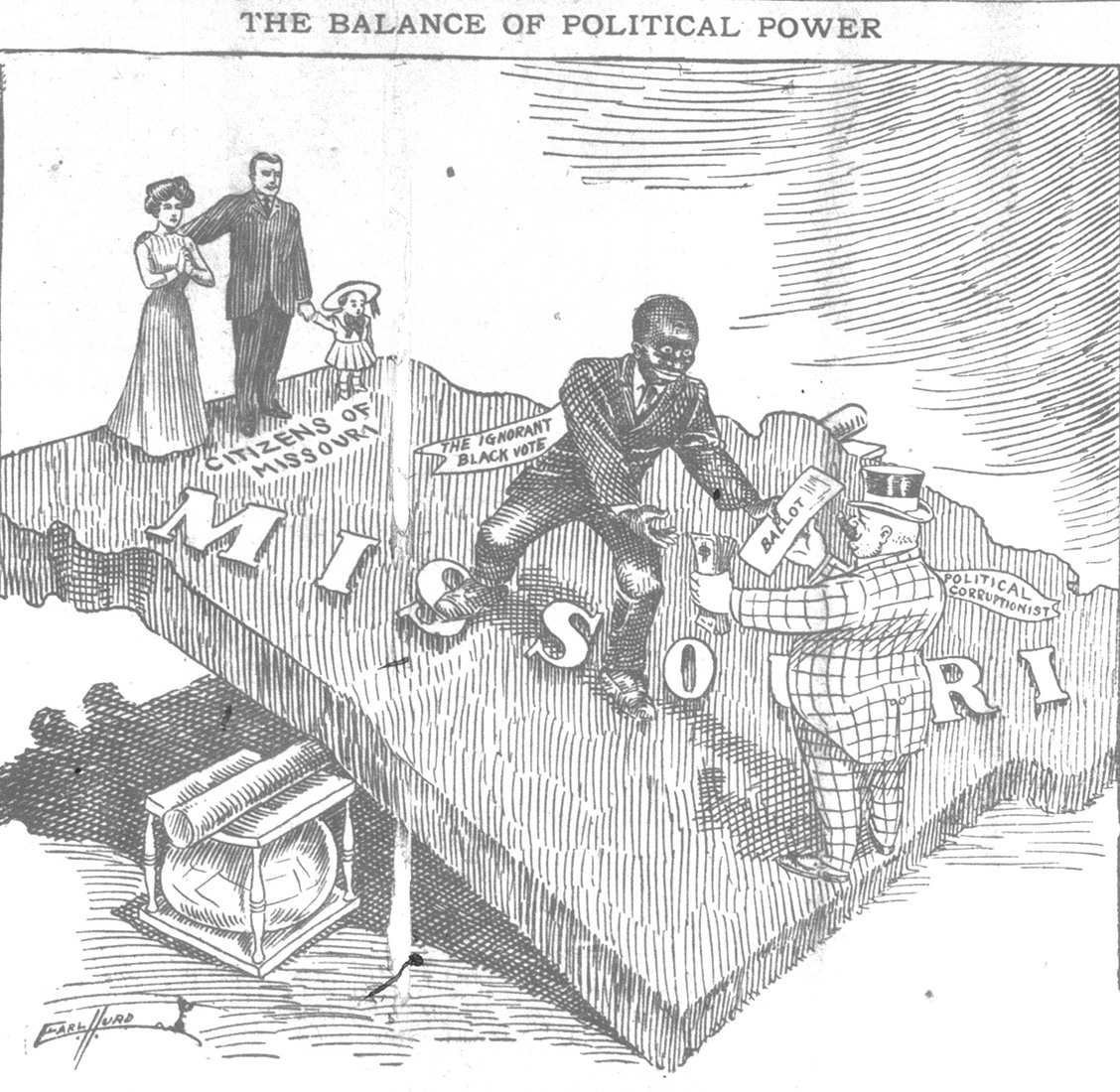 A 1908 cartoon depicting African American voters in Missouri as susceptible to corruption.