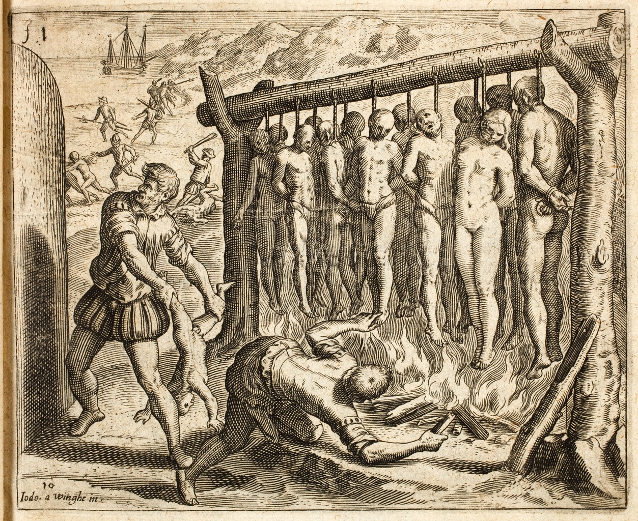 An illustration of Spanish cruelty in Cuba in an edition of Bartolomé de las Casas's 1552 work