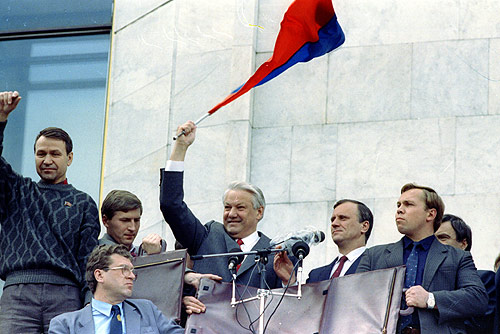 Boris Yeltsin with the Russian flag.