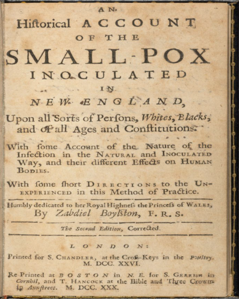 Title page of Zabdiel Boylston’s An Historical Account of the Small-pox Inoculated in New England, published in 1730.