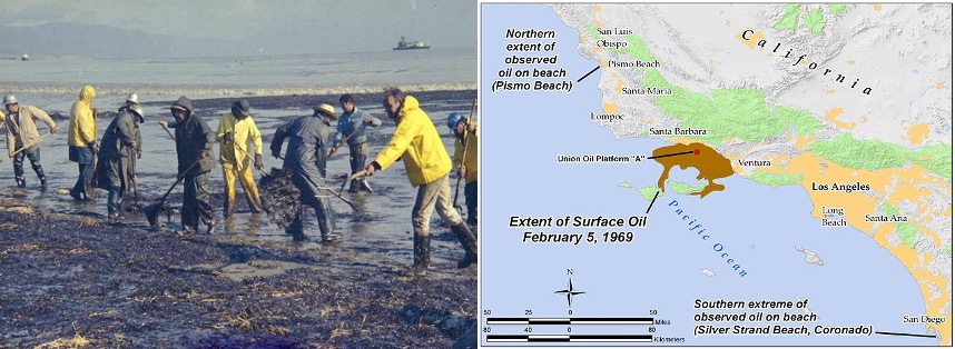 On the left, workmen in 1969 using rakes, shovels, and pitchforks to clean up oil-soaked straw. On the right, a map that illustrates the extent of the 1969 Santa Barbara oil spill.