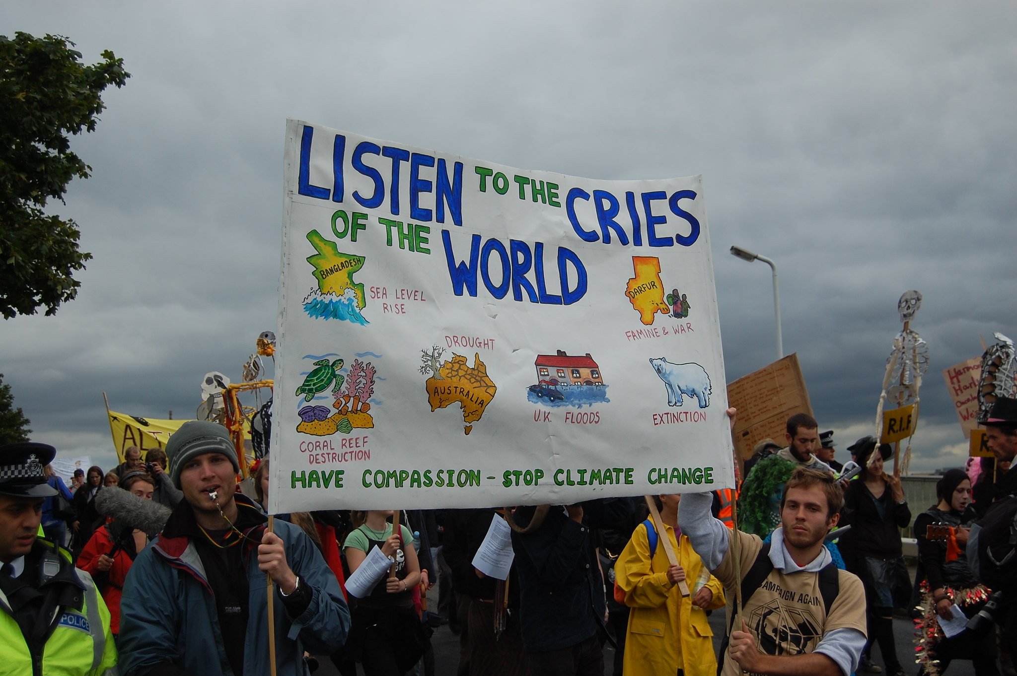 A protest sign from the Climate Change Camp in 2007 at Heathrow Airport in London