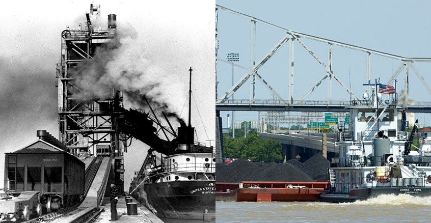 On the left, a ship hauling coal on Lake Erie. On the right, a towboat pushes barges of coal up the Ohio River.