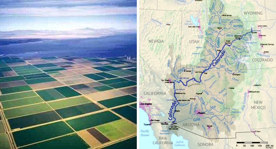 On the left, the Colorado River irrigates Southern California’s agricultural Imperial Valley. On the right, a 2018 map of the Colorado River drainage basin.
