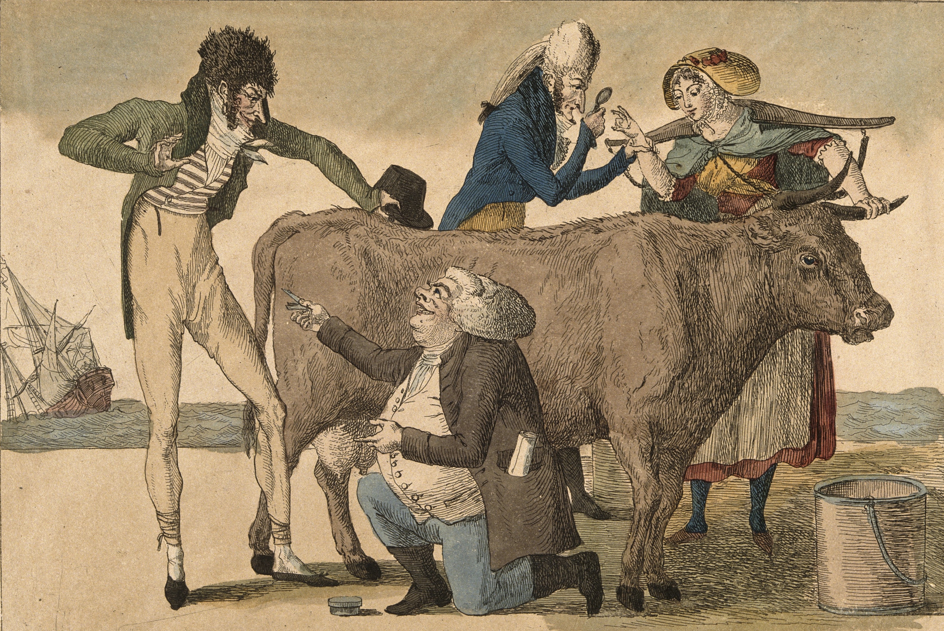 French watercolor etching of a physician examining a milking maid’s cowpox covered hand, while a farmer (kneeling) offers the dandy (left) a pustule from the cow, circa 1800.