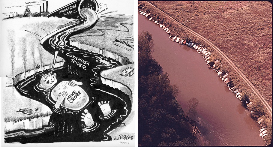 On the left, a 1964 editorial cartoon about Cuyahoga River industrial pollution. On the right, aerial view of old cars secured along the banks of the Cuyahoga River.