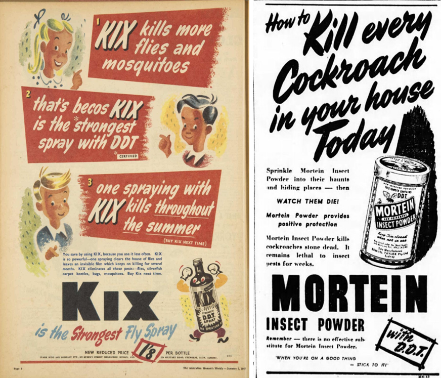 On the left, an insect killing spray advertisement. On the right, an advertisement for Mortein Insect Powder.