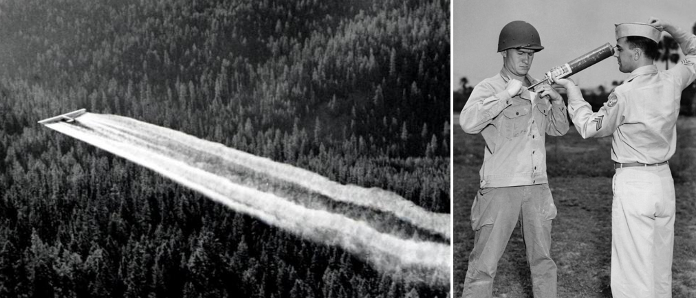 On the left, DDT being sprayed liberally across the conifer forests. On the right, an American soldier is sprayed with DDT during WWII.
