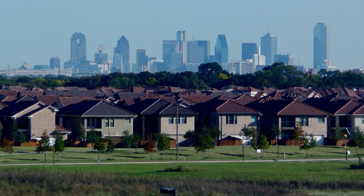 The Dallas, TX skyline and suburbs.