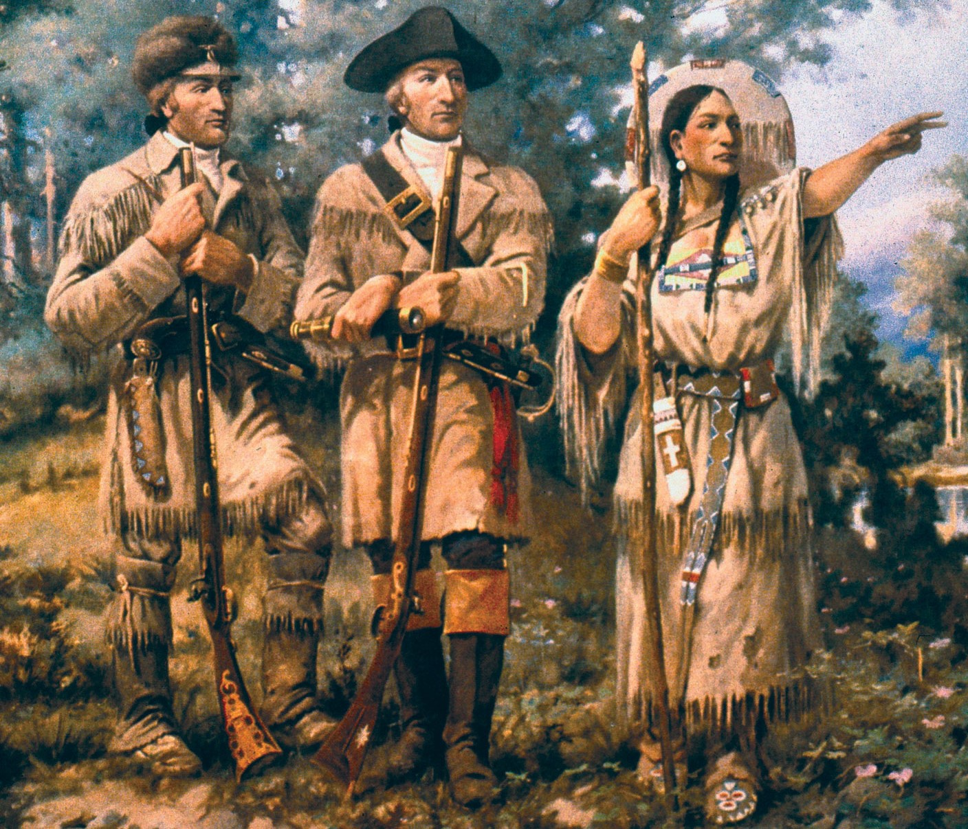 Sacagawea (right) with Lewis and Clark at the Three Forks, as depicted in a mural at the Montana House of Representatives.