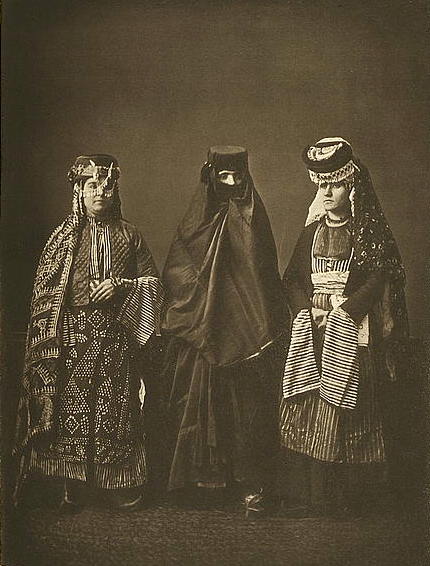 A 1873 studio portrait of three married women from Diyarbakir Province in the Ottoman Empire: Kurdish (left), Muslim (center), and Christian (right).
