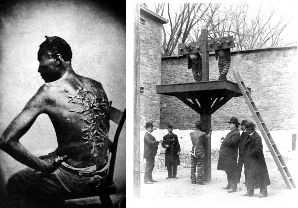 On the left, an infamous depiction of a Louisiana slave in 1863 with scars from numerous whippings. On the right, a Delaware whipping post and pillory.
